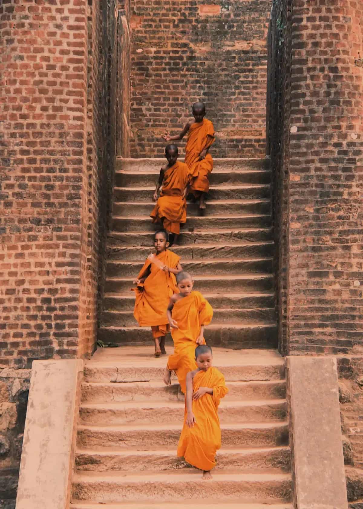Monks on a temple stairway in Sri Lanka