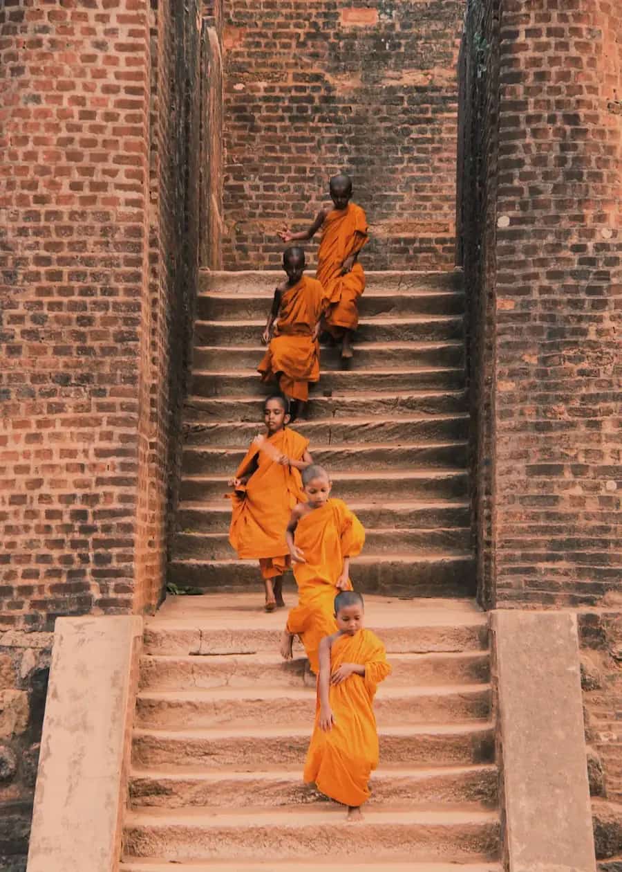 Monks on a temple stairway in Sri Lanka